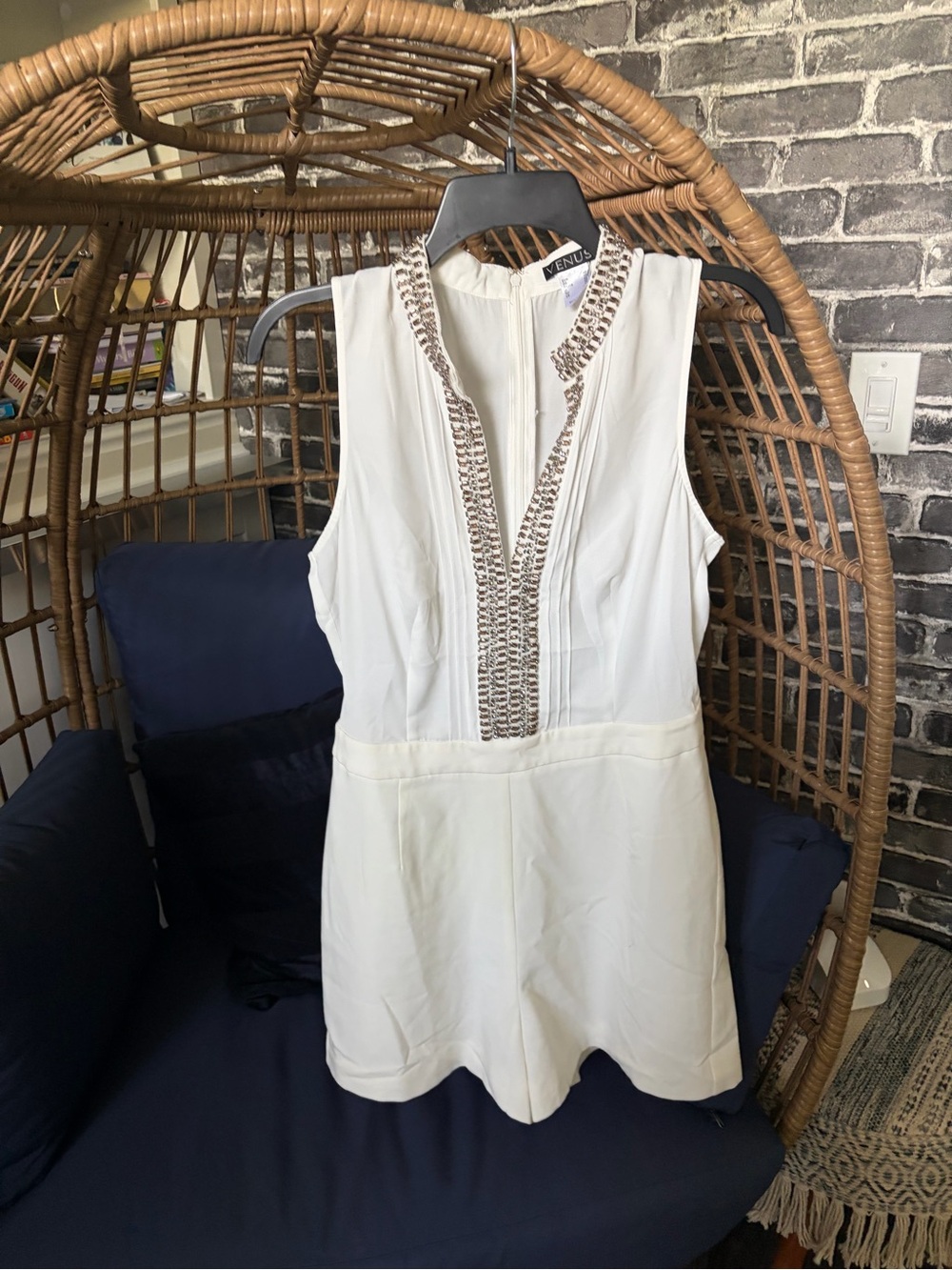 VENUS Ivory Embellished V-Neck Romper